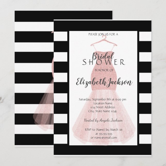 Glitter Dress Black White Stripes Bridal Shower Invitation (Front/Back)