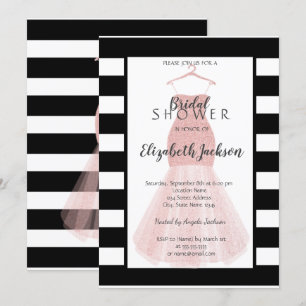 Glitter Dress Black White Stripes Bridal Shower Invitation