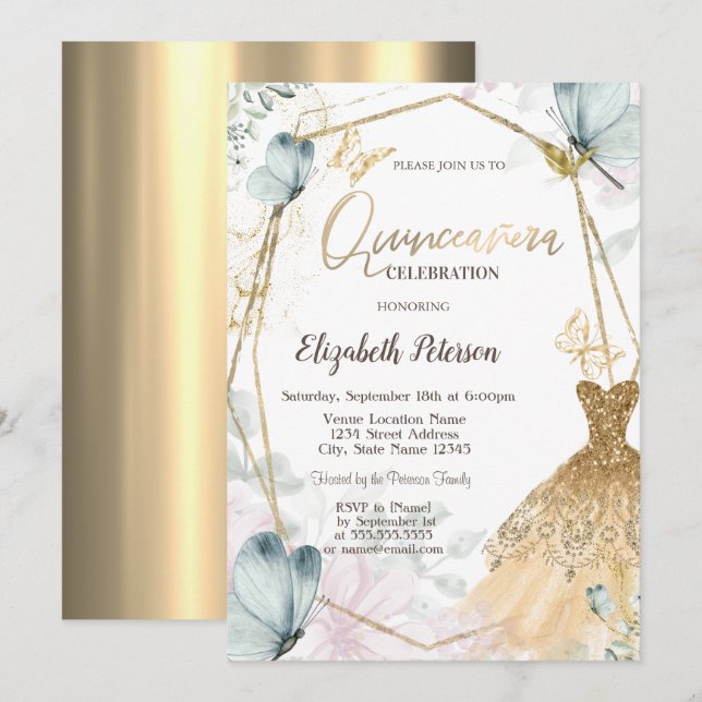  Glitter Dress Blue Butterflies Gold Frame  Invitation (Front/Back)