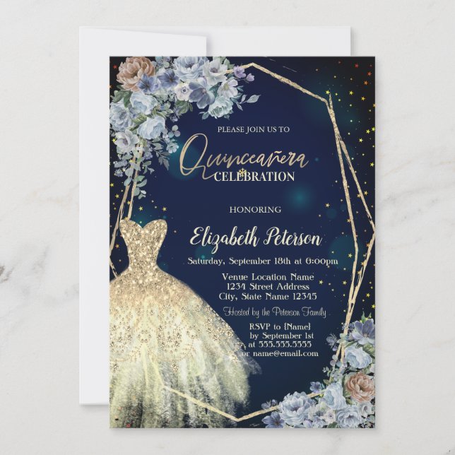 Glitter Dress, Blue Flowers Quinceanera Invitation (Front)