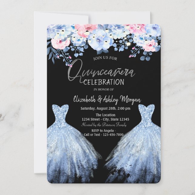 Glitter Dress Blue Pink Flowers  Invitation (Front)