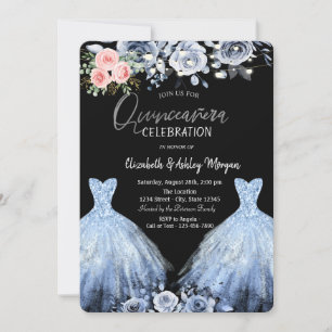 Glitter Dress Blue Pink Roses Invitation