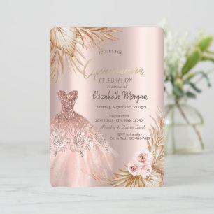 Glitter Dress Boho Pampas Flowers Quinceañera  Invitation