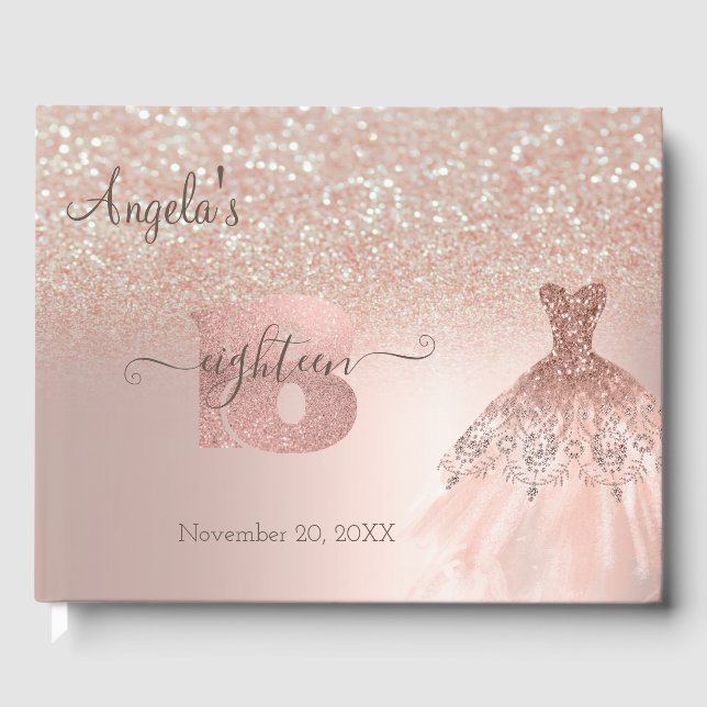  Glitter Dress Bokeh Rose Gold 18th Birthday Guest Book (Front)