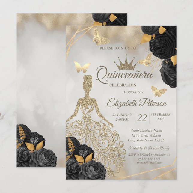 Glitter Dress,Butterfly Black Roses Quinceañera Invitation (Front/Back)