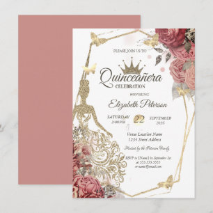 Glitter Dress,Butterfly Blush Roses Quinceañera Invitation