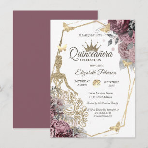 Glitter Dress,Butterfly Chic Roses Quinceañera Invitation