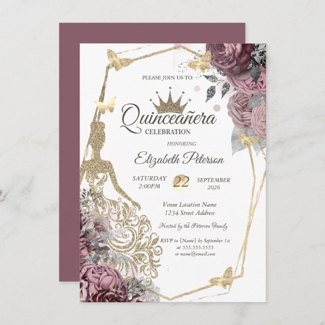 Glitter Dress,Butterfly Chic Roses Quinceañera Invitation (Front/Back)