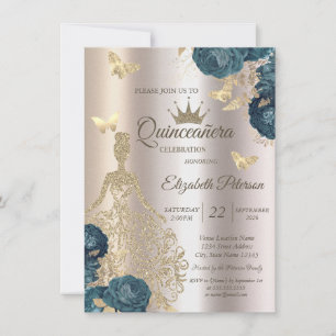Glitter Dress,Butterfly Green Roses Champagne15th  Invitation