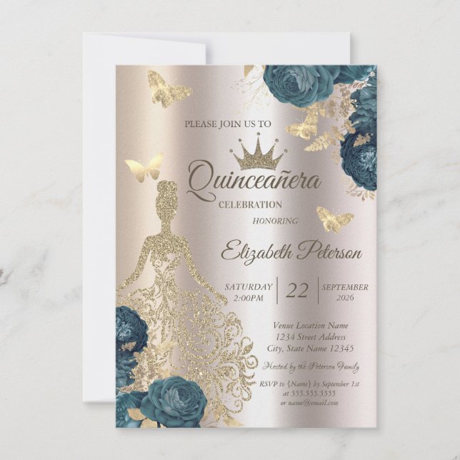 Glitter Dress,Butterfly Green Roses Champagne15th  Invitation (Front)