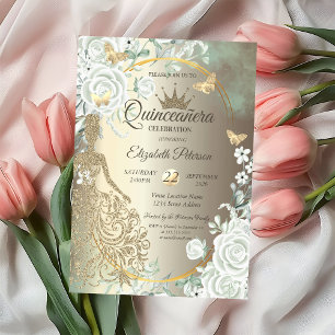 Glitter Dress,Butterfly Green Roses Quinceañera Invitation