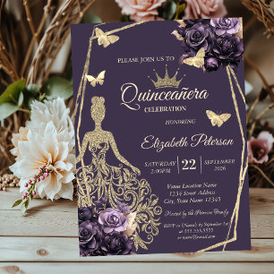 Glitter Dress,Butterfly Purple Roses Quinceañera Invitation