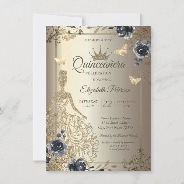 Glitter Dress,Butterfly Roses Gold Quinceañera Invitation (Front)