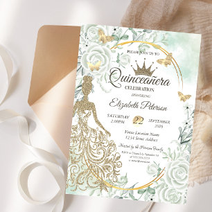 Glitter Dress,Butterfly Roses Green Quinceañera Invitation