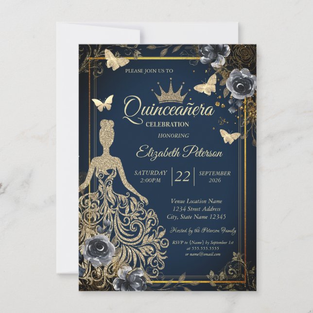 Glitter Dress,Butterfly Roses Navy BlueQuinceañera Invitation (Front)