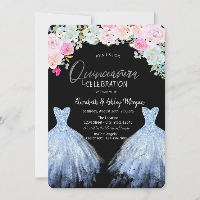 Glitter Dress Chic Blue Pink Flowers  Invitation (Front)
