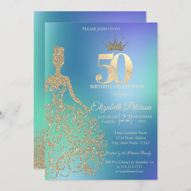 Glitter Dress, Diamonds Blue Ombre 50th Birthday Invitation (Front/Back)