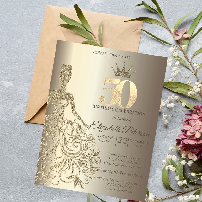 Glitter Dress, Diamonds Champagne 50th Birthday Invitation (Creator Uploaded)