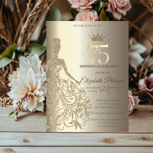 Glitter Dress, Diamonds Champagne 75th Birthday Invitation