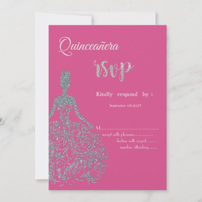 Glitter Dress Fuschia Quinceanera RSVP Invitation (Front)