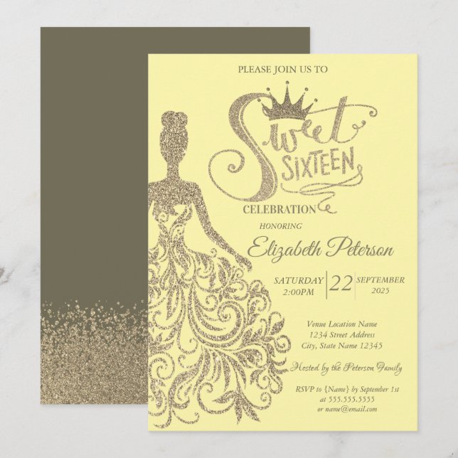  Glitter Dress Girl Tiara,Gold Diamonds Sweet 16 Invitation (Front/Back)