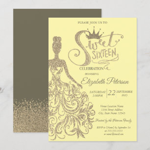 Glitter Dress Girl Tiara,Gold Diamonds Sweet 16 Invitation