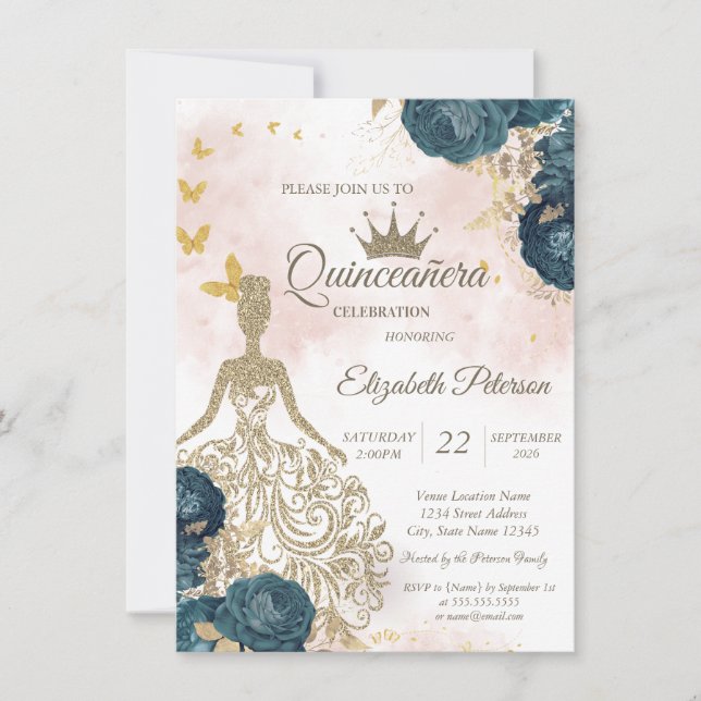 Glitter Dress,Gold Butterflies Green Roses 15th  Invitation (Front)