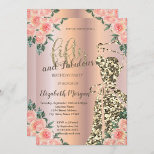 Glitter Dress, Rose Gold Floral 50th Birthday Invitation