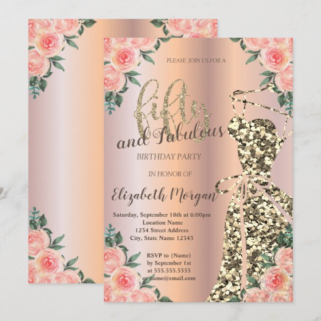 Glitter Dress, Rose Gold Floral 50th Birthday Invitation (Front/Back)