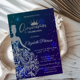 Glitter Dress,Tiara,Blue Stars  Quinceañera Invitation