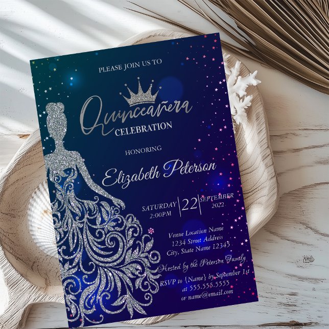 Glitter Dress,Tiara,Blue Stars  Quinceañera Invitation (Creator Uploaded)