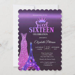 Glitter Dress,Tiara,Eiffel Tower Purple Sweet 16 Invitation