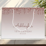 Glitter Drip 18th Birthday Rose Gold Large Gift Bag<br><div class="desc">This chic 18th birthday party gift bag features a sparkly rose gold faux glitter drip border and rose gold ombre background. Personalise it with her name in handwriting script,  along with her birthday and date below.</div>