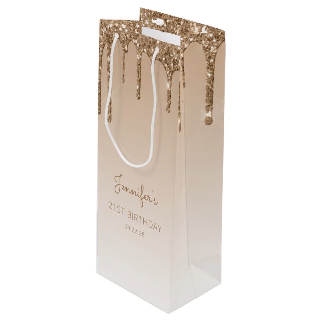 Glitter Drip 21st Birthday Gold Wine Gift Bag (Front Angled)