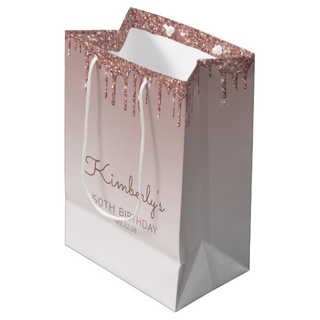 Glitter Drip 50th Birthday Rose Gold Medium Gift Bag (Front Angled)