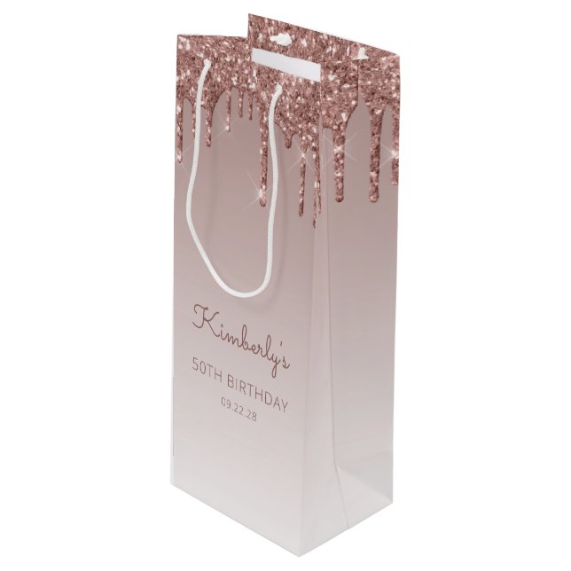 Glitter Drip 50th Birthday Rose Gold Wine Gift Bag (Front Angled)