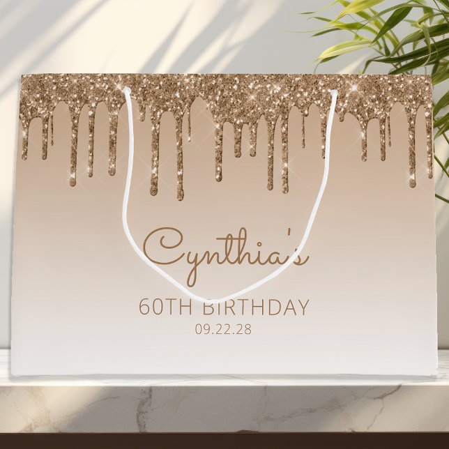 Glitter Drip 60th Birthday Gold Large Gift Bag (Creator Uploaded)