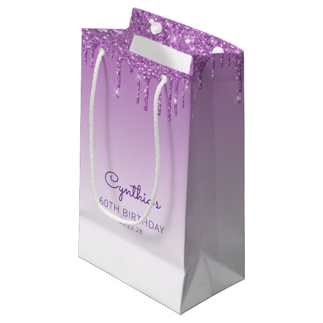 Glitter Drip 60th Birthday Purple Small Gift Bag (Front Angled)