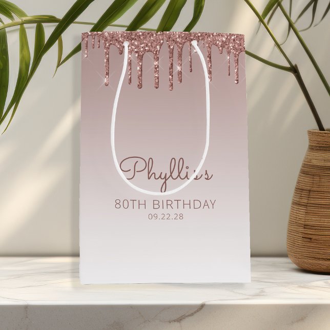 Glitter Drip 80th Birthday Rose Gold Medium Gift Bag (Creator Uploaded)