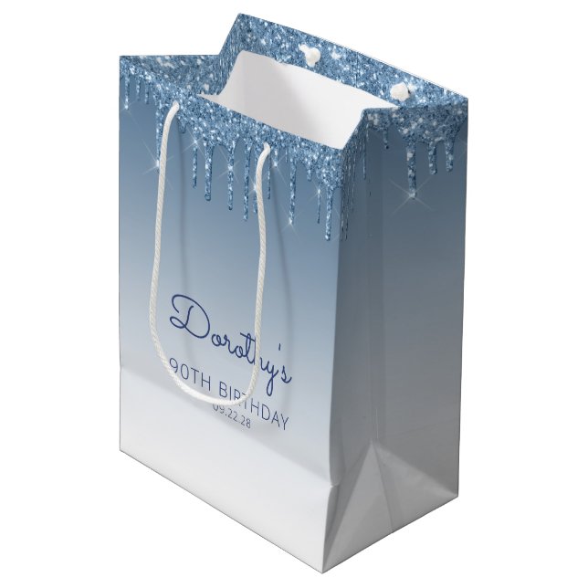 Glitter Drip 90th Birthday Blue Medium Gift Bag (Front Angled)