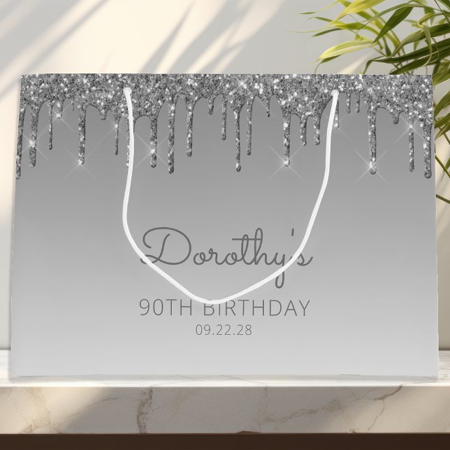 Glitter Drip 90th Birthday Silver Large Gift Bag (Creator Uploaded)