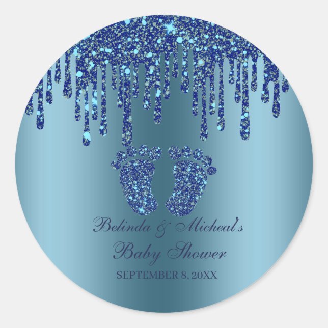 Glitter Drip Blue Baby Feet Baby Shower Classic Ro Round Sticker (Front)
