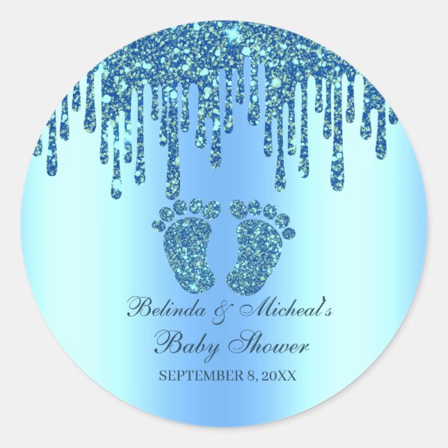 Glitter Drip Blue Baby Feet Baby Shower Classic Round Sticker (Front)