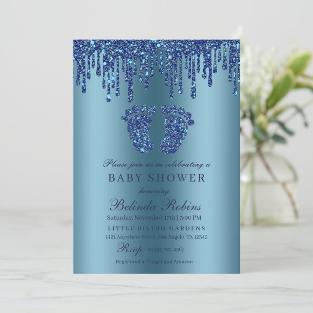 Glitter Drip Blue Baby Feet Baby Shower Invitation (Standing Front)