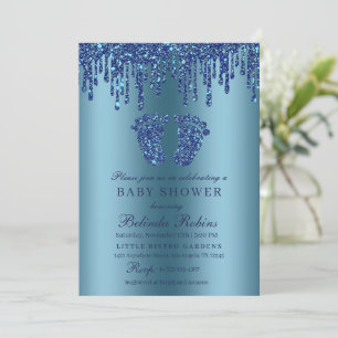 Glitter Drip Blue Baby Feet Baby Shower Invitation