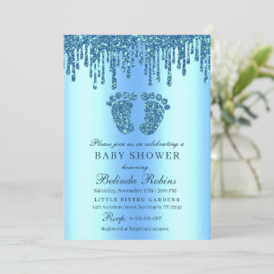 Glitter Drip Blue Baby Feet Baby Shower Invitation