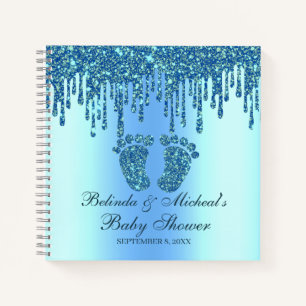 Glitter Drip Blue Feet Baby Shower Guestbook Notebook