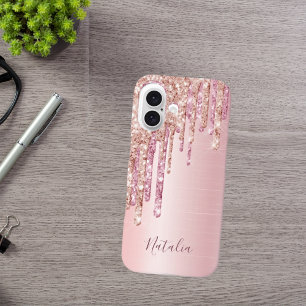Glitter drip blush pink rose gold metallic name iPhone 16 case