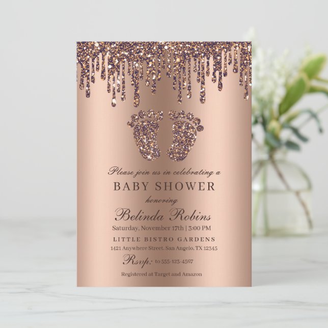 Glitter Drip Bronze Baby Feet Baby Shower Invitation (Standing Front)