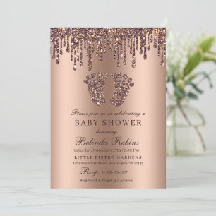 Glitter Drip Bronze Baby Feet Baby Shower Invitation